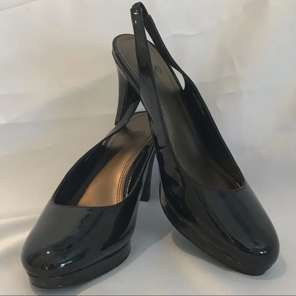 Impo Black Patent Leather Slingback Heels 4” Stiletto Almond Toe‎ Size 9M